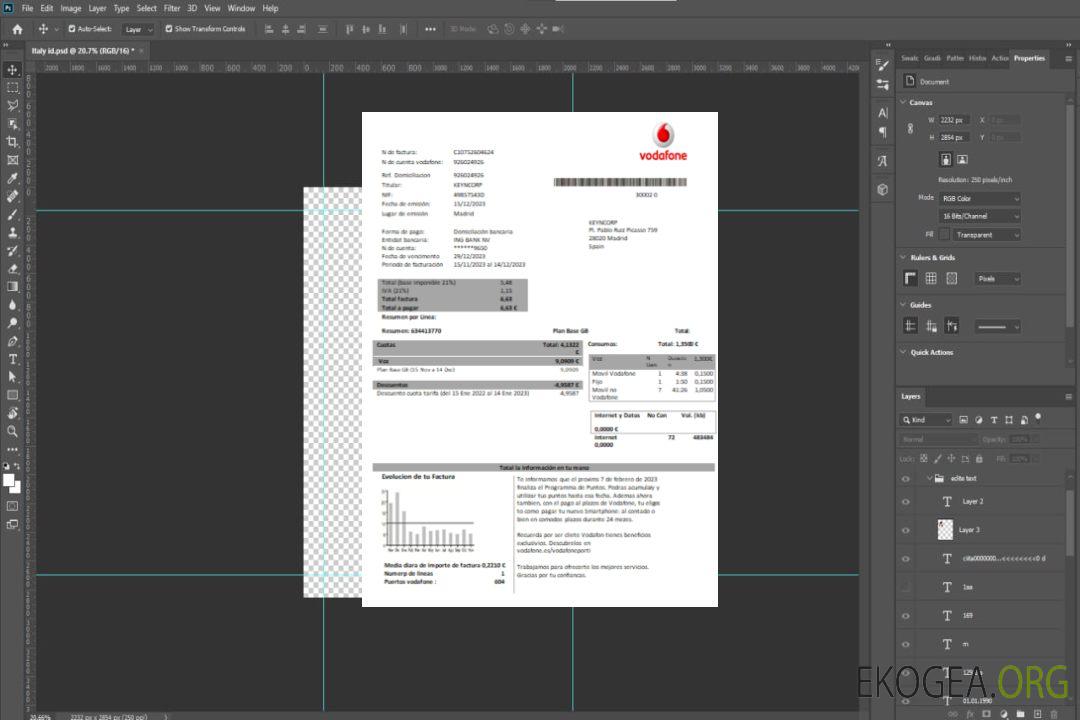 Facture commerciale des services publics de télécommunications Vodafone, modèle Word et PDF SCR template